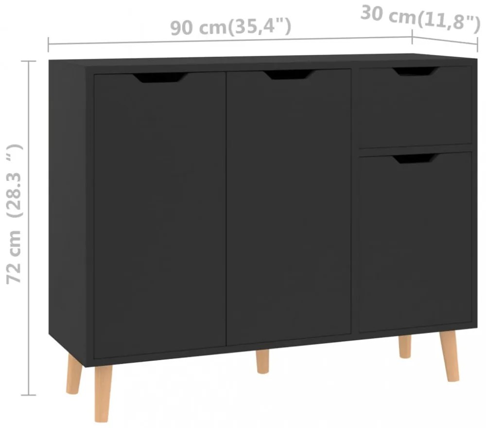 magasfényű fekete szerelt fa tálalószekrény 90 x 30 x 72 cm