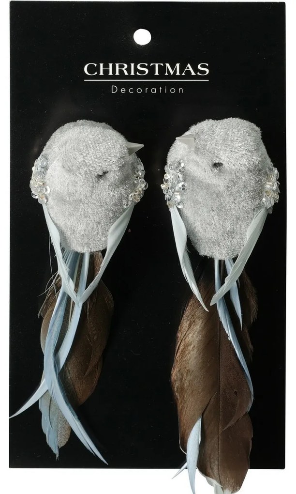 Karácsonyi díszek szett Madár, szürke, 14x4x4cm, kapcsos, 2 DB-os szett