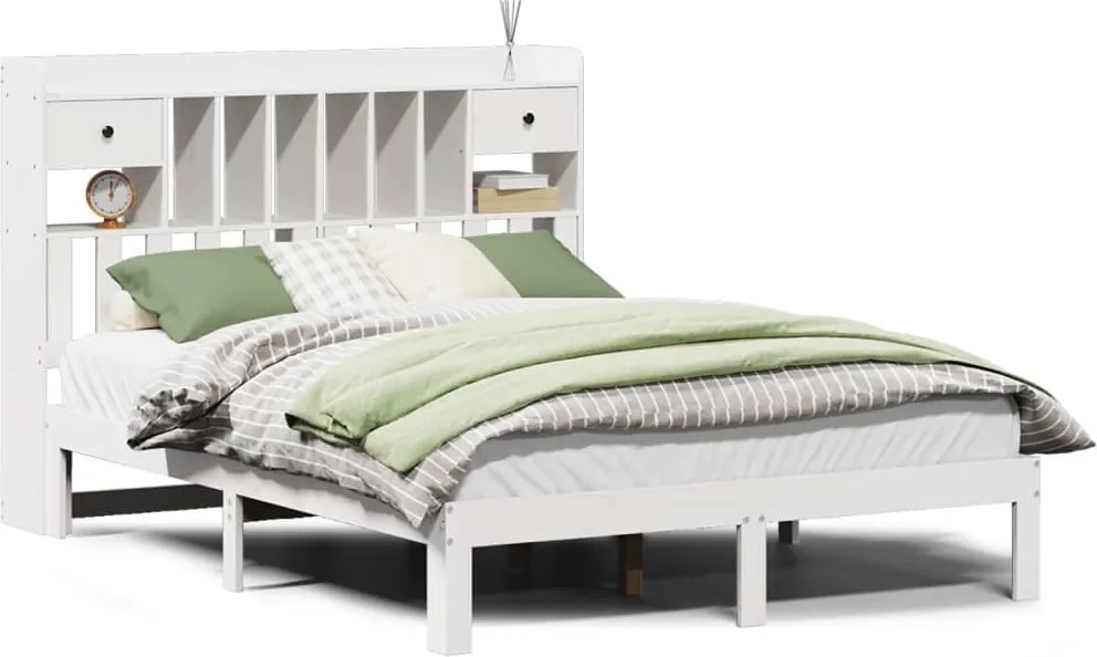 vidaXL fehér tömör fenyőfa könyvespolcos ágy matrac nélkül 140x190 cm