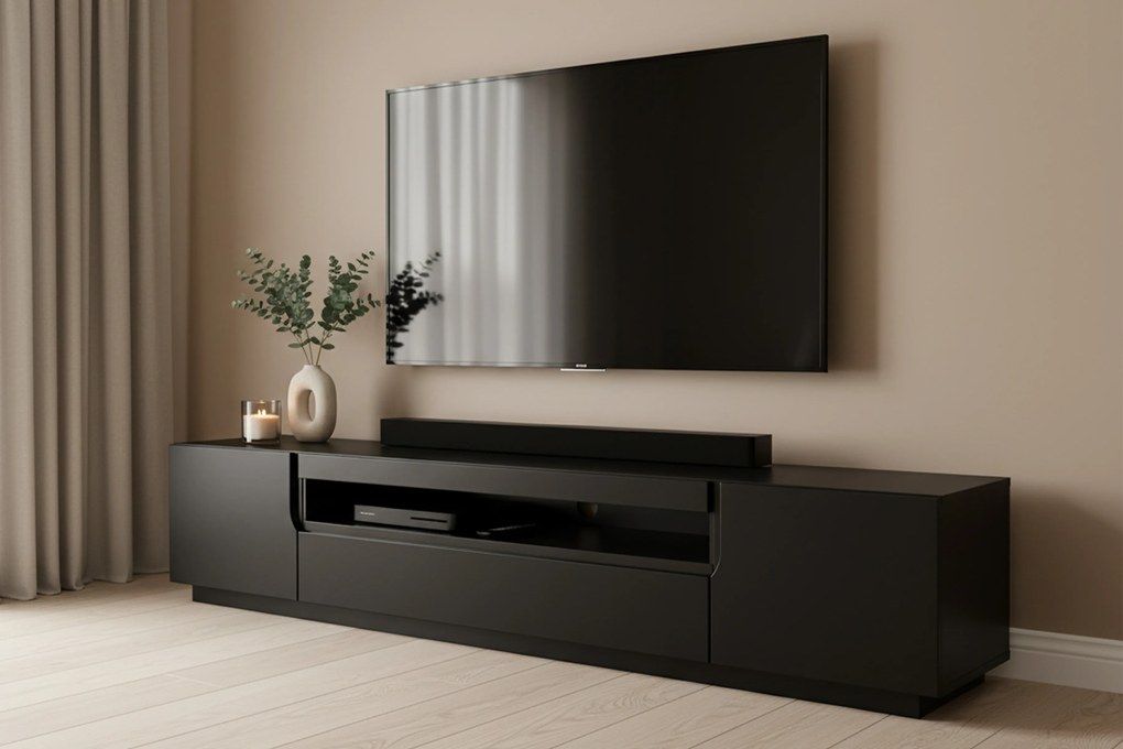 Loftia RTV szekrény 200 cm kétajtós nyitott polccal - fekete / fekete matt