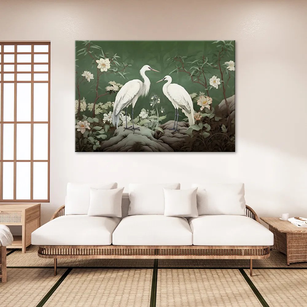 Gario Vászonkép Fehér daruk és növények Méret: 100 x 70 cm
