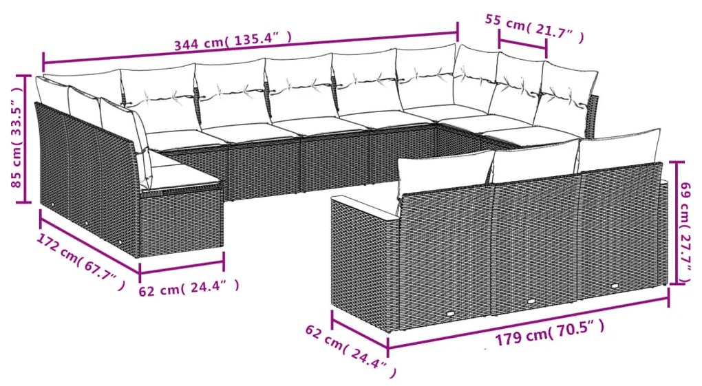 13 részes fekete polyrattan kerti ülőgarnitúra párnákkal