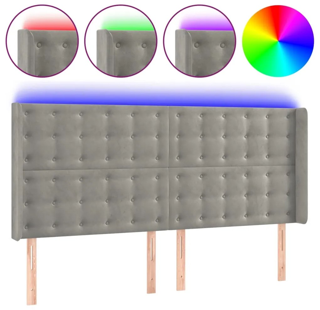 világosszürke bársony LED-es fejtámla 183x16x118/128 cm