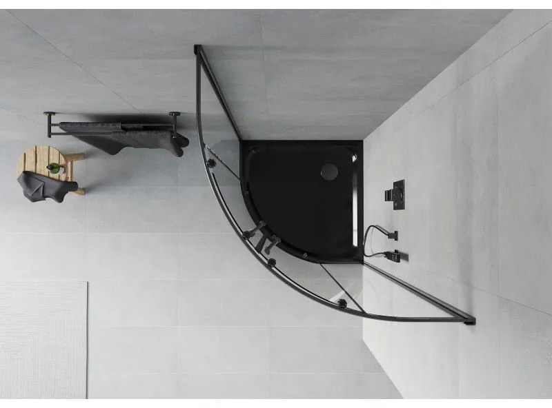 Mexen Rio, negyed kör alakú zuhanykabin tolóajtóval 90 x 90 cm, 5mm átlátszó üveg, fekete profil + fekete zuhanytálca, 863-090-090-70-00-4170B