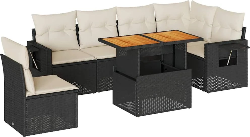 vidaXL 7 részes fekete polyrattan kerti ülőgarnitúra párnával