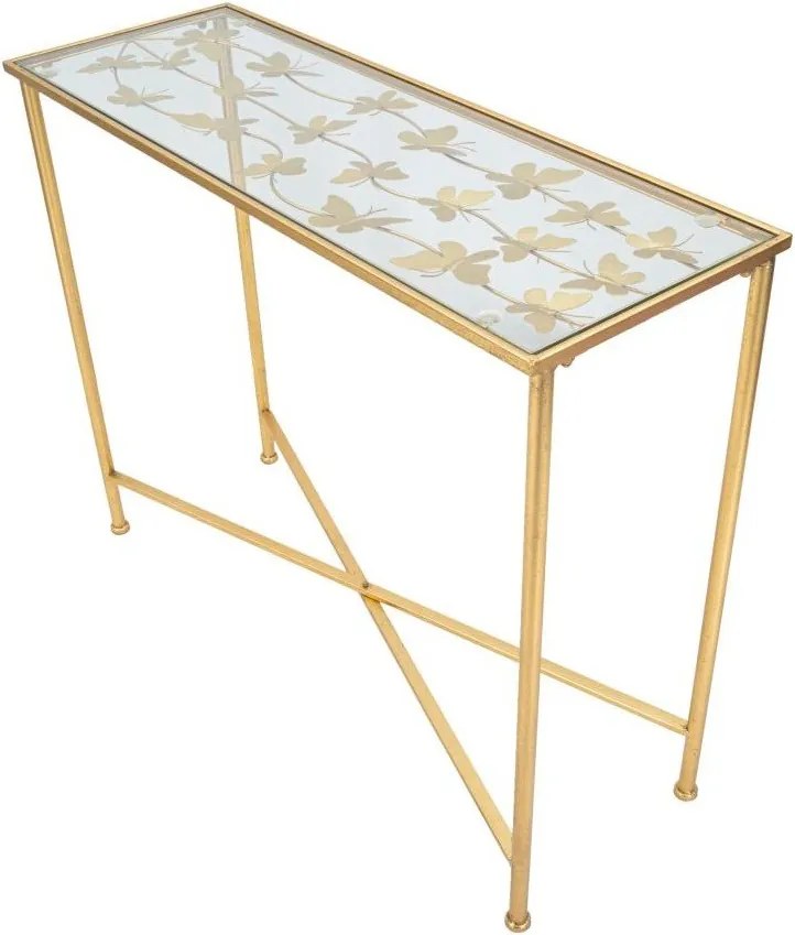 Fehér-aranyszínű konzolasztal üveg asztallappal 35x100 cm Butterflies – Mauro Ferretti