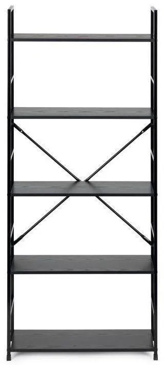Fekete 5 szintes nyitott könyvespolc, tároló állvány fém lábakkal - 59x144cm Intenso