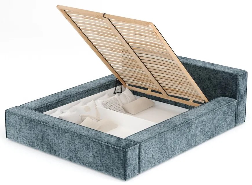 Szürkéskék kárpitozott ágyneműtartós franciaágy ágyráccsal 180x200 cm Voliera – Maison de Rêve