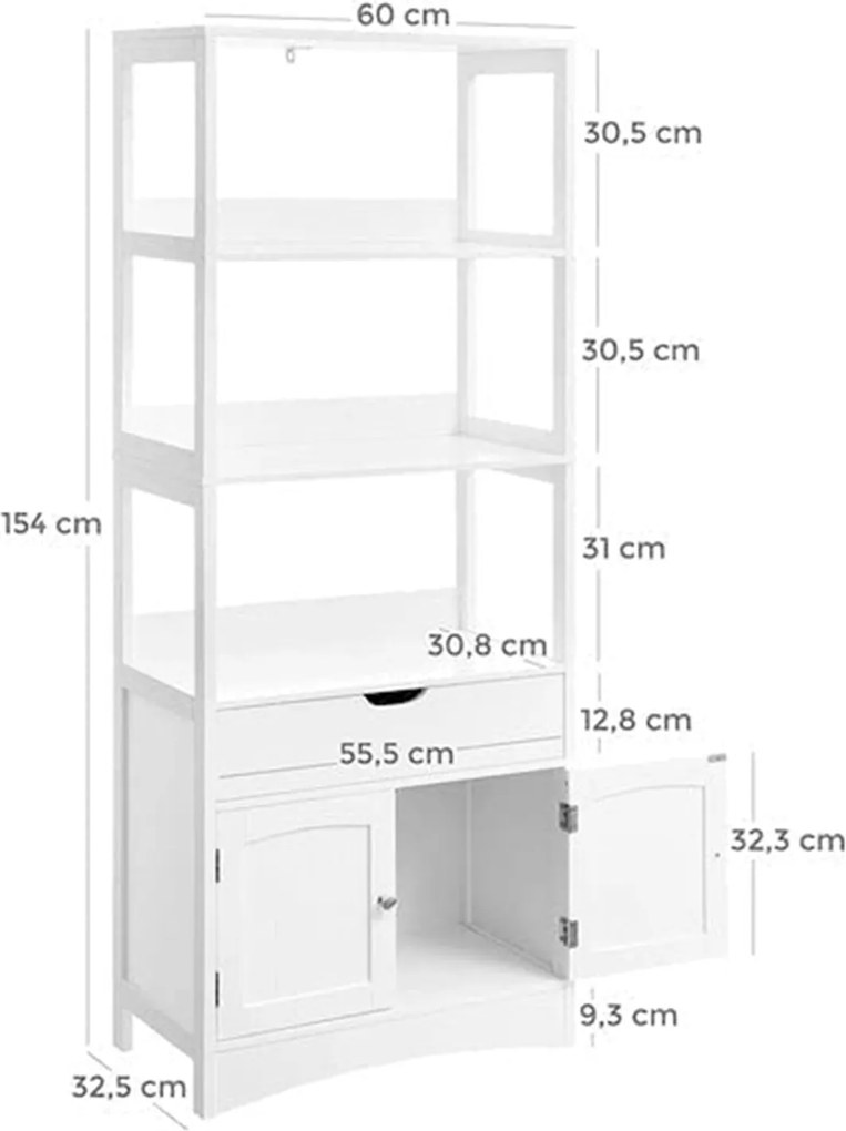 Tárolószekrény, magas szekrény 3 polccal, fehér