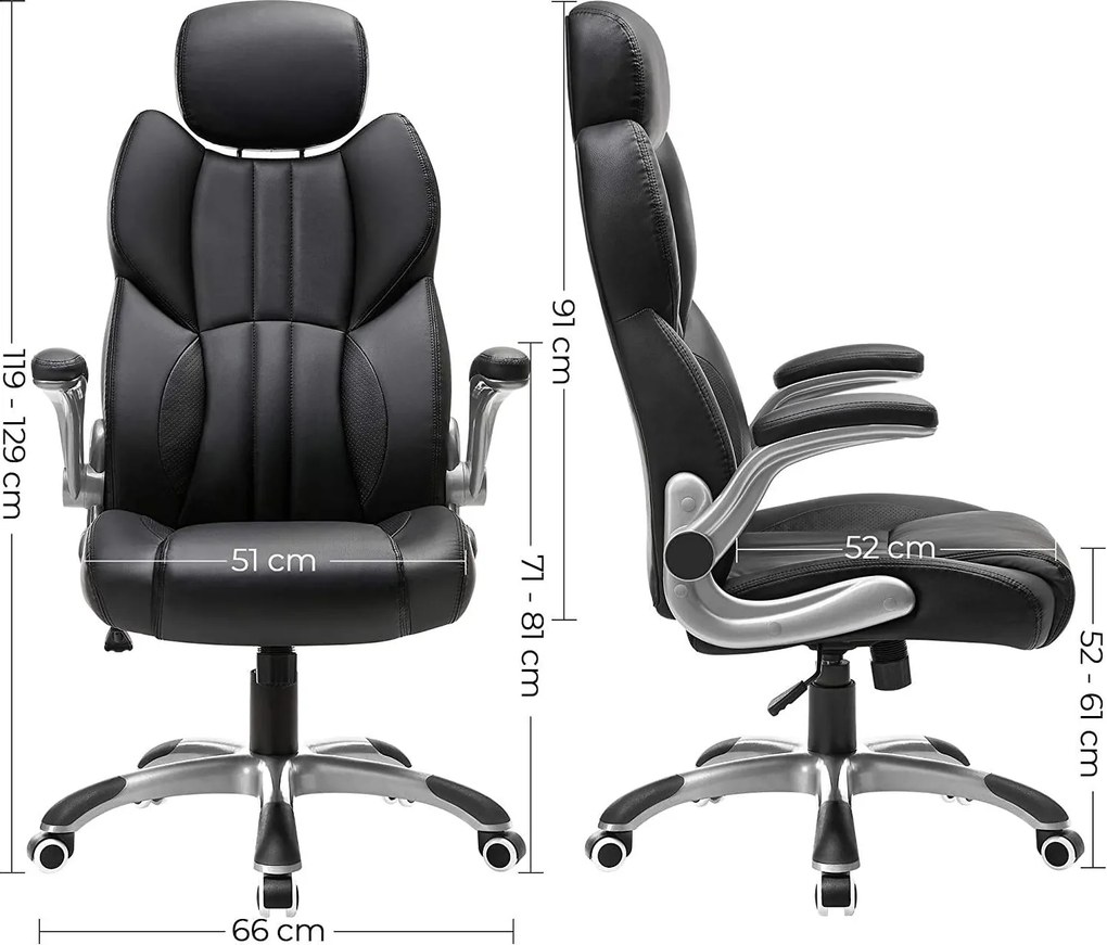 Ergonomikus irodai forgószék felhajtható karfákkal és állítható fejtámlával, fekete PU műbőr, 150 kg
