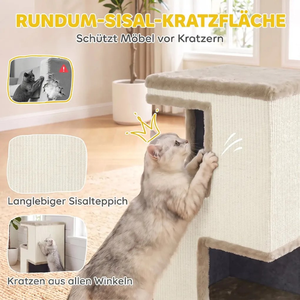 PawHut Macskabarlang 3 emeletes beltéri macskahordó, félig zárt macskabarlang körös-körüli kaparófelületekkel, bézs