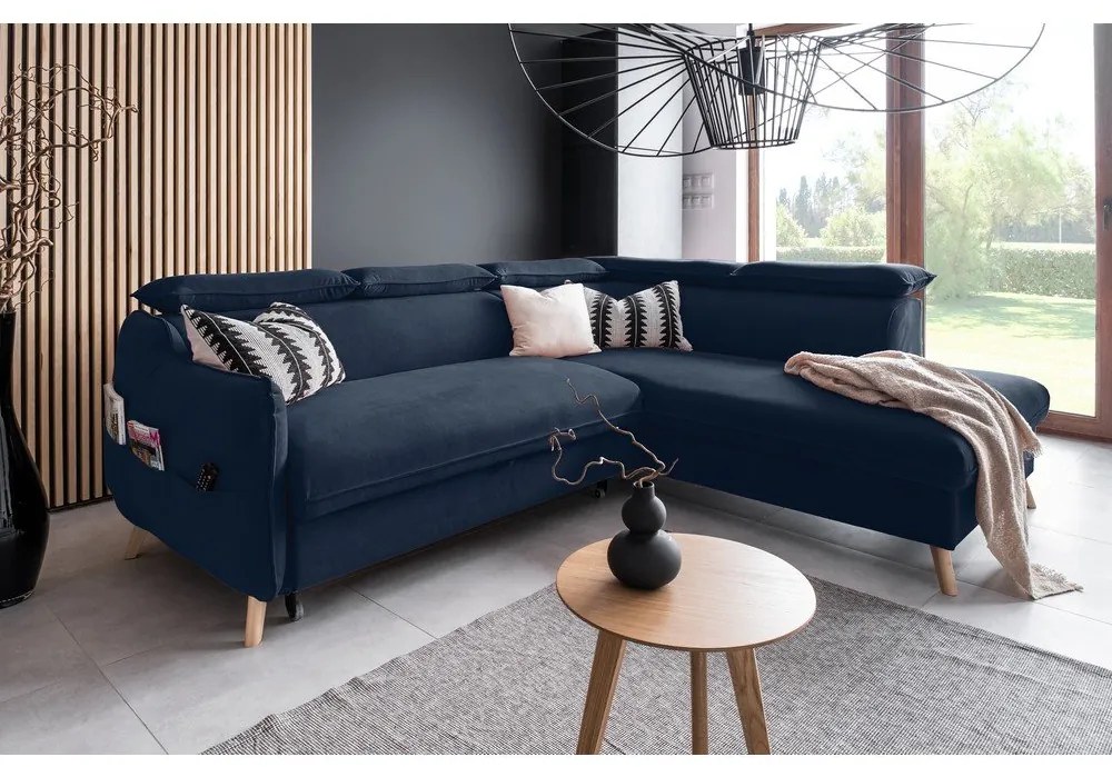 Sötétkék bársony kinyitható sarokkanapé (jobb oldali) Sweet Harmony – Miuform