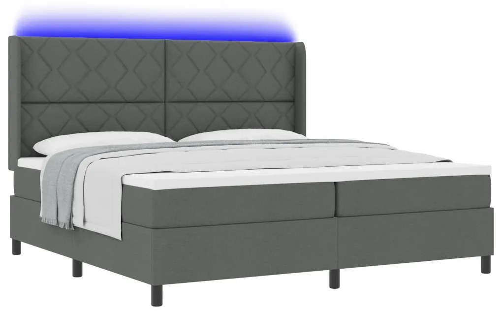 Boksz Rugóágy Matraccal és LED-del Sötétszürke színben, 200x200 cm Kárpit