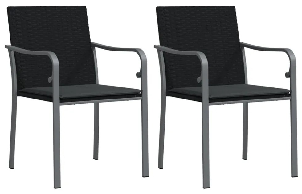 2 db fekete polyrattan kerti szék párnával 56 x 59 x 84 cm