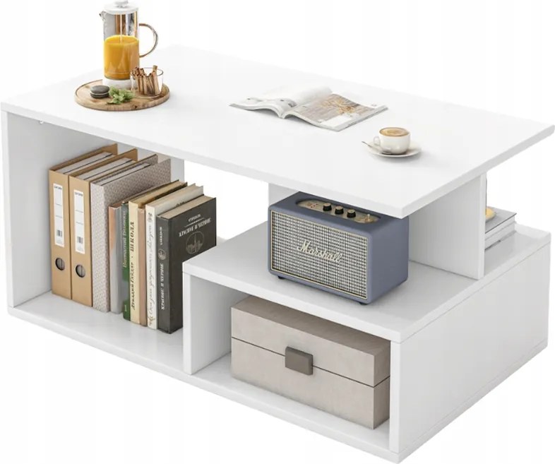 Pad Dohányzóasztal Fehér Modern Polccal Nappali Loft Szoba Nagy 90 CM