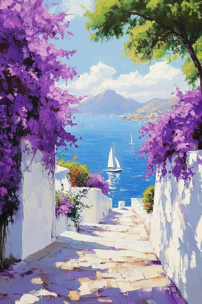 Vászonkép Canvas Görögország Santorini Utca Tenger Virágok Kilátás 40x60