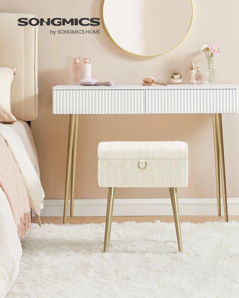 Téglalap alakú sminkasztal szék fém lábakkal, fehér színben