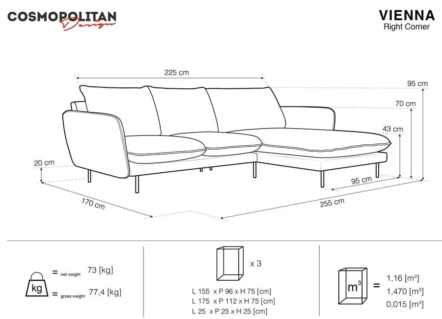 Kék bársony sarokkanapé (jobb oldali) Vienna – Cosmopolitan Design