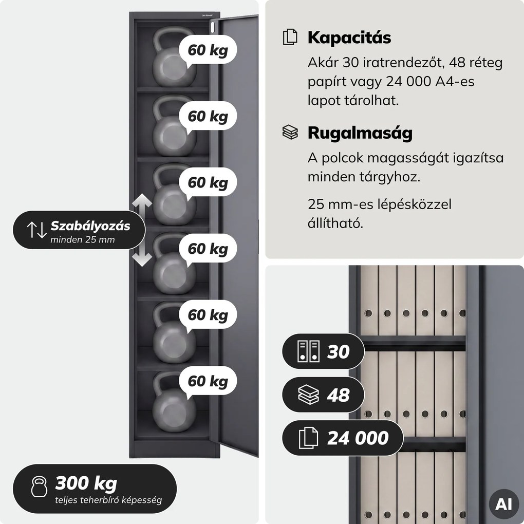 Kartoték irattároló szekrény kulcsra zárható magas antracit, 450x2200x400 mm: ALEX H2200