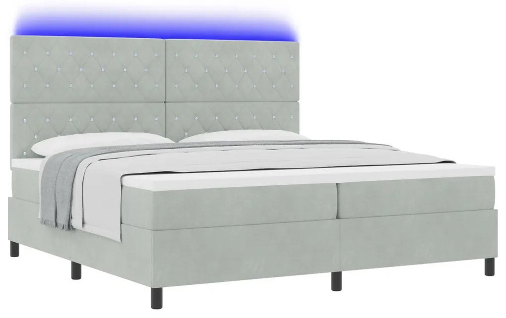 Boxspring Ágy Matraccal & LED Fény Világosszürke 200x200 cm Bársony