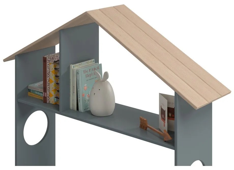 Natúr színű-szürkészöld ágyneműtartós házikó alakú gyerekágy ágyráccsal 90x190 cm borovi fenyő dekorral Odessa – Marckeric