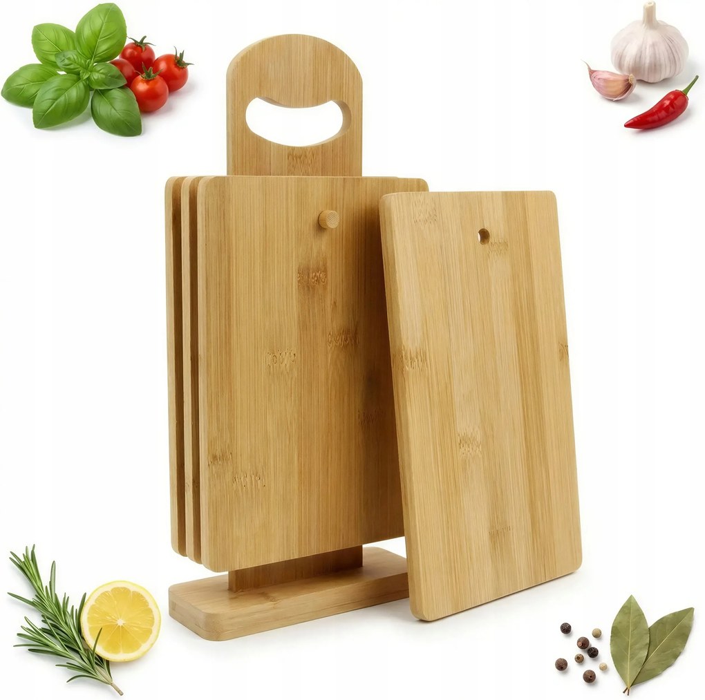 Vágódeszka 4 Db-os Bambusz Konyhai Deszka Szett 21×14×0,8cm +állvány