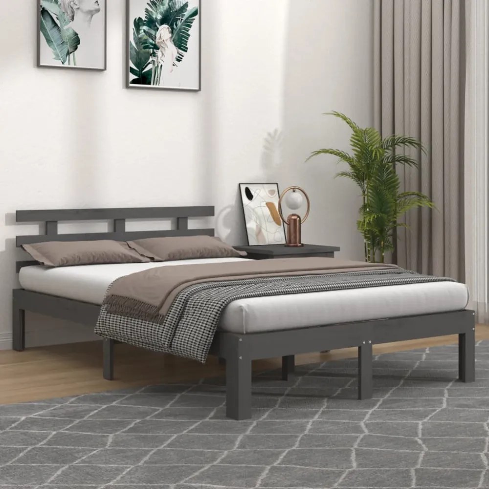 King Size szürke tömör fa ágykeret 150 x 200 cm