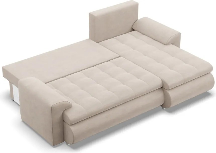 Tokio sarokkanapé, 2 ágyneműtartóval, bársony, jobboldali, bézs