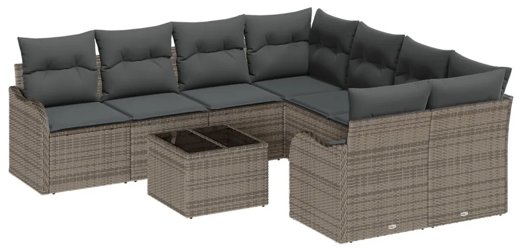 9 darabos kertifotel készlet párnákkal szürke poli rattan