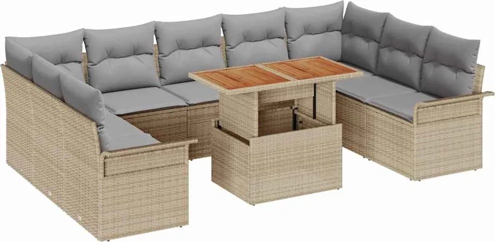 vidaXL Kerti Kanapé Szett tárolóval 10 pcs Bézs Poli rattan
