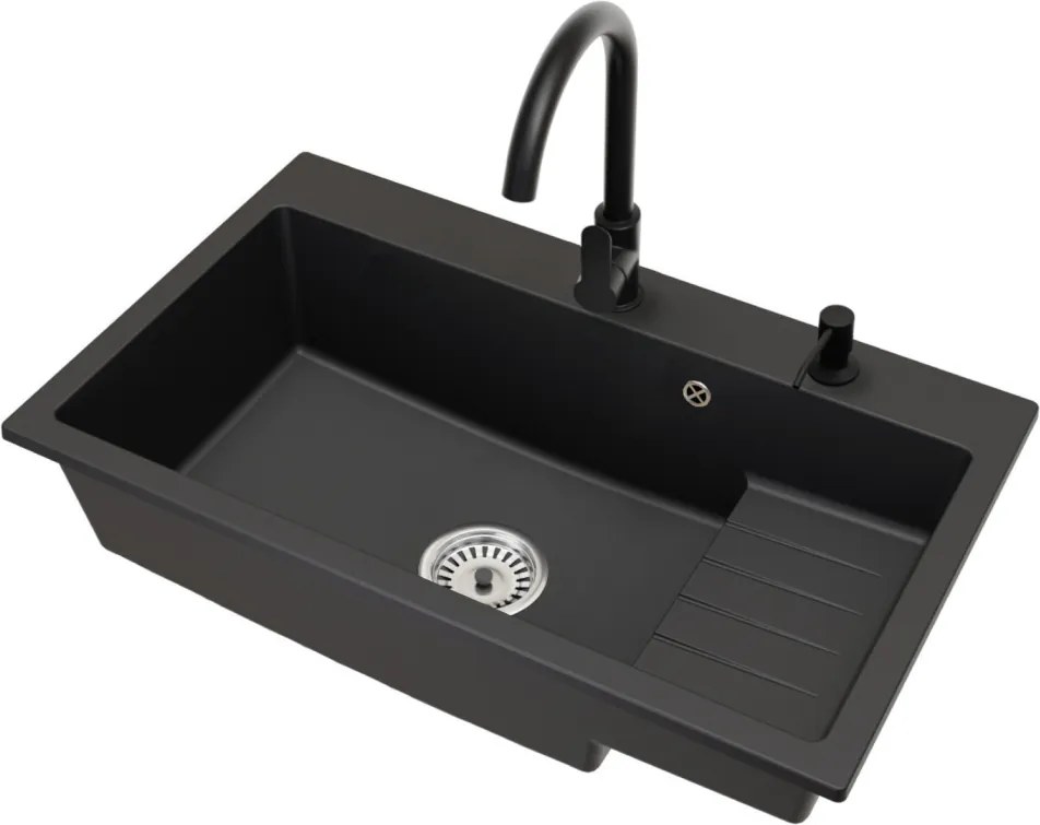 Gránit mosogató szifonnal és csepegtető felülettel, fekete, 80x48, RONA