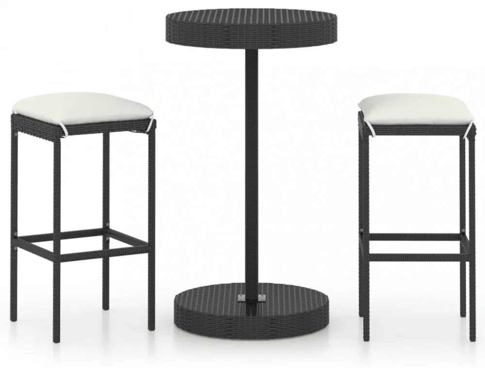 3 részes fekete polyrattan kültéri bárszett párnákkal