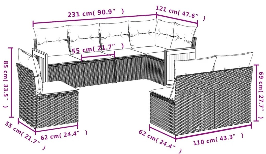 8 részes fekete polyrattan kerti ülőgarnitúra párnákkal