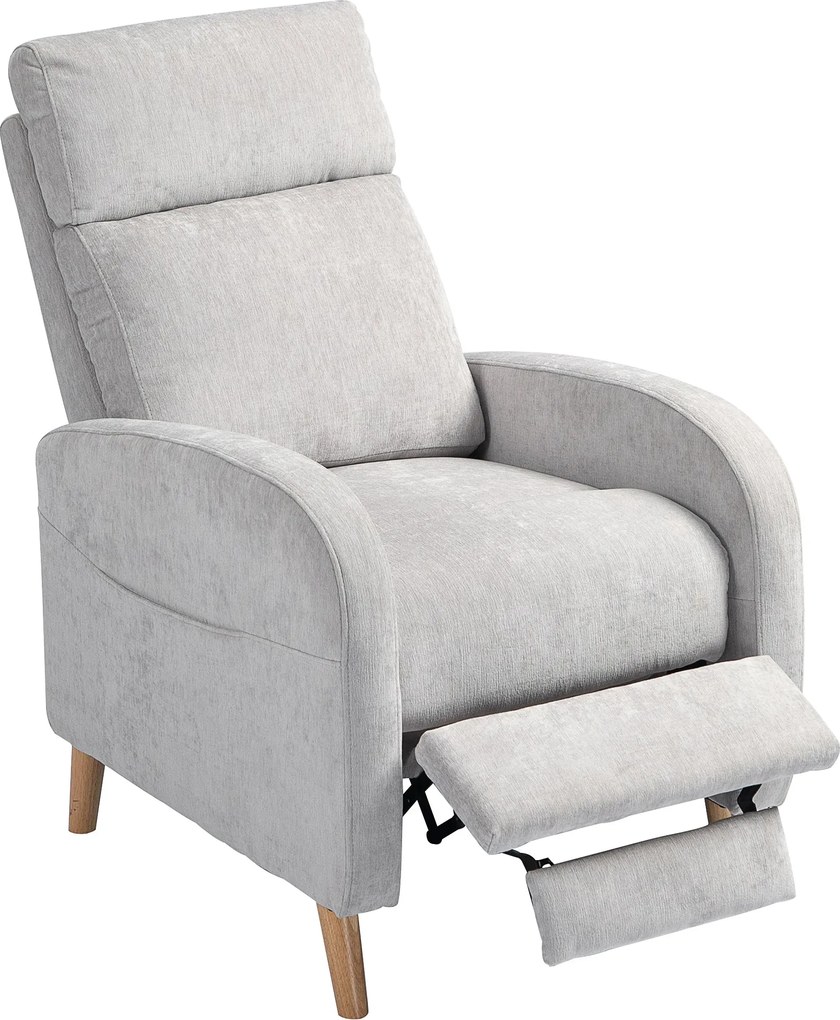 HOMCOM Kézi Dönthető Pihenő Fotel Szintetikus Vászon Kárpitozással, Lábpihentetővel és Oldalzsebbel, 120 kg Teherbírású Dönthető Fotel Hálószobába, Ir