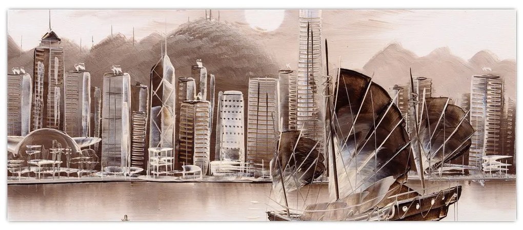 Kép - Victoria Harbour, Hong Kong, szépia hatás (120x50 cm)