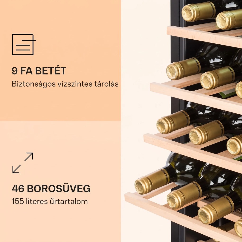 Klarstein Vinamour 46 Uno, borhűtő, 155 liter, 46 palack, 4-18 °C, 1 zóna,rozsdamentes acél