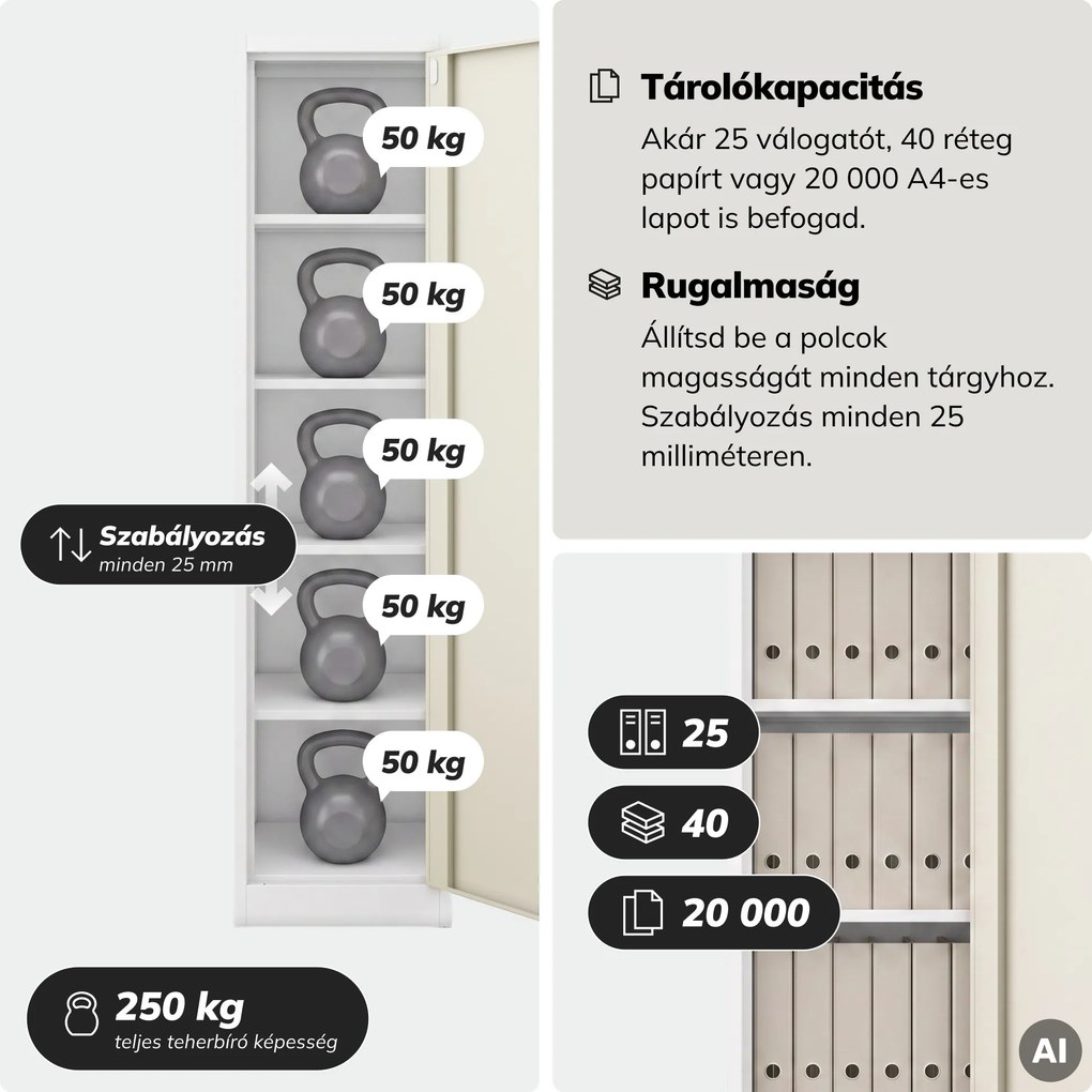 Fém irodai iratszekrény, fehér/sonoma tölgy, 450x1850x400 mm: ALEX Eco Design