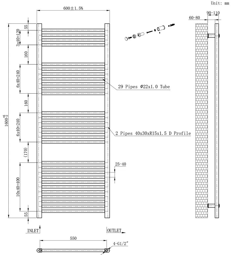 Egyenes törölközőszárító radiátor 1600x600 mm fekete