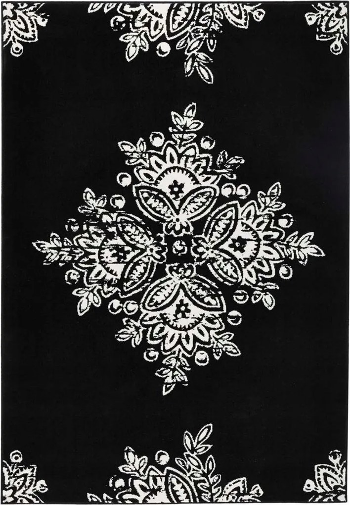 Modern krémfekete nappali szőnyeg,puha haj mandala minta 160x230