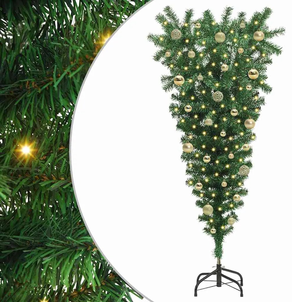 Felfelé álló műfenyő világítással és gömbökkel Zöld 150 cm PVC