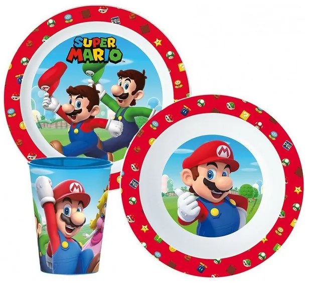 Super Mario Mushroom Kingdom étkészlet, micro műanyag szett, pohárral 260 ml