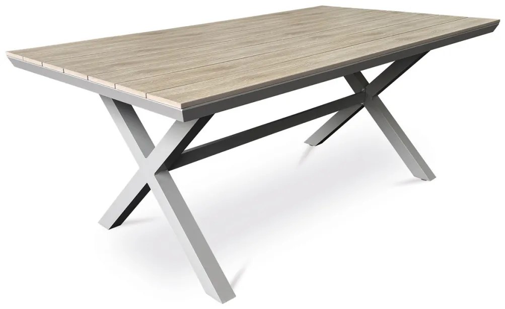 Kerti asztal 180x100x75, polywood asztallap világos tölgy dekorral, alumínium szerkezettel, bézs színben