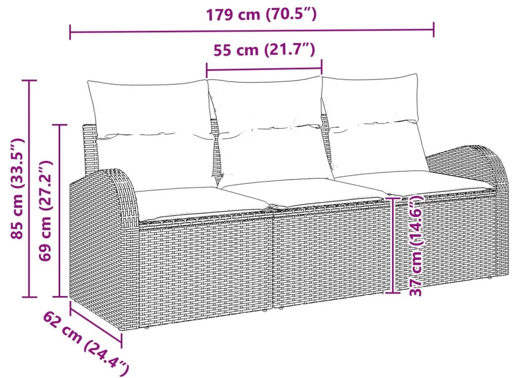 3 Részes Kert Kanapé Szett Párnákkal Barna Poli Rattan