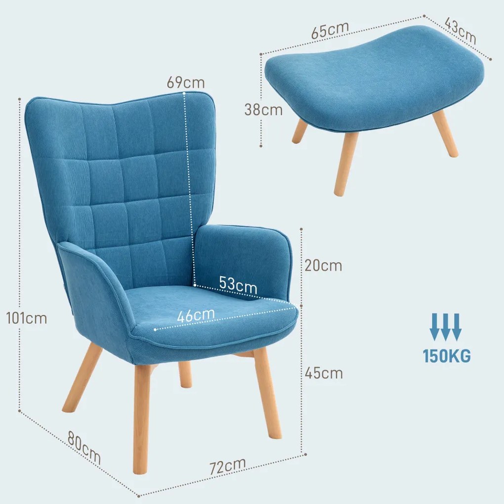 Karfás fotel lábtartóval, relax fotel, kárpitozott, kordbársony hatású, kék
