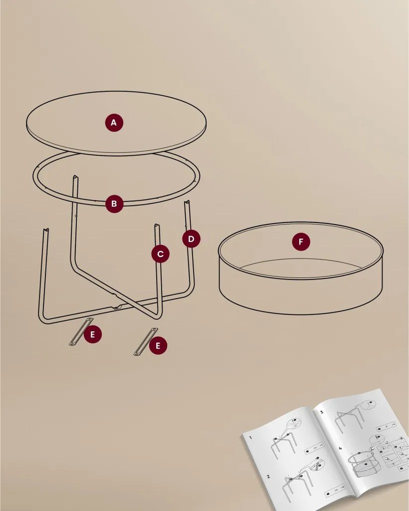 Dohányzóasztal, kerek, tárolóval, modern stílusú, fehér és világos barna, 80 cm