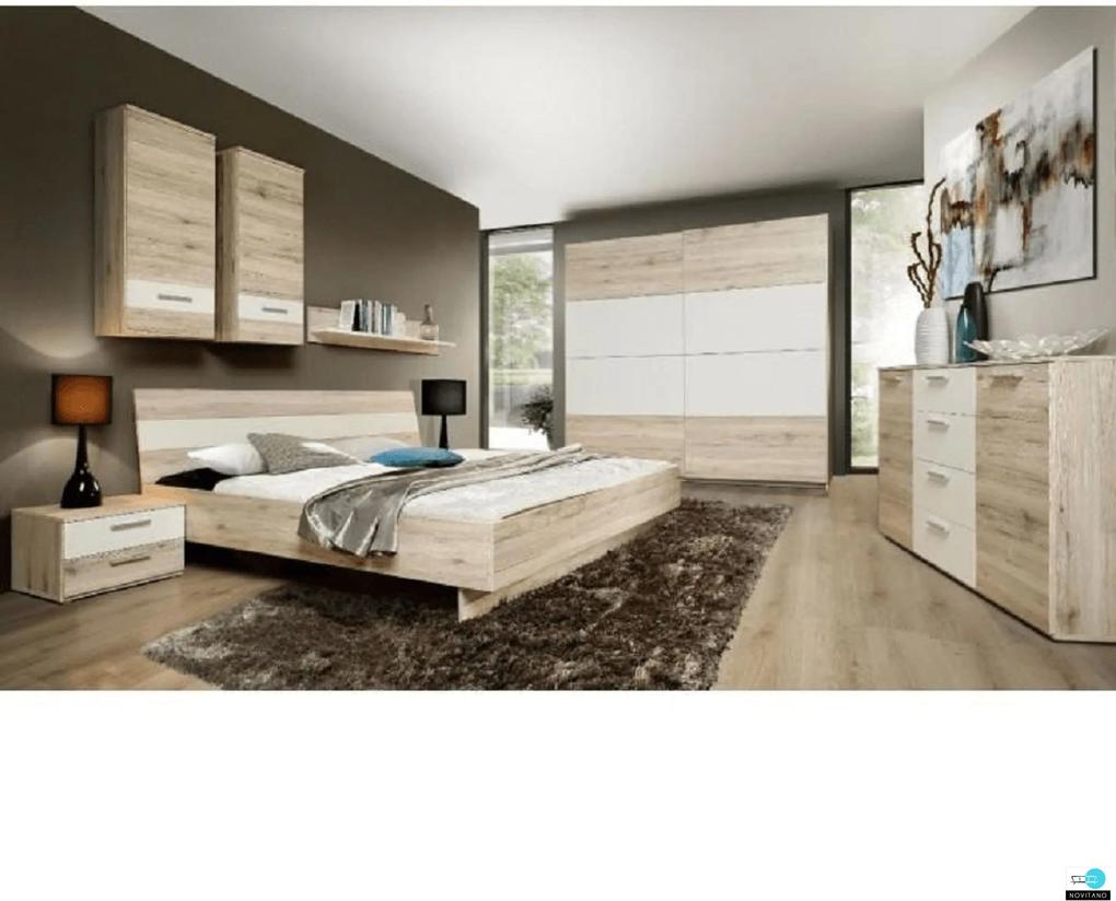 Hálószoba, szekrény+ágy+2db éjjeliszekrény, homok tölgyfa/fehér, VALE