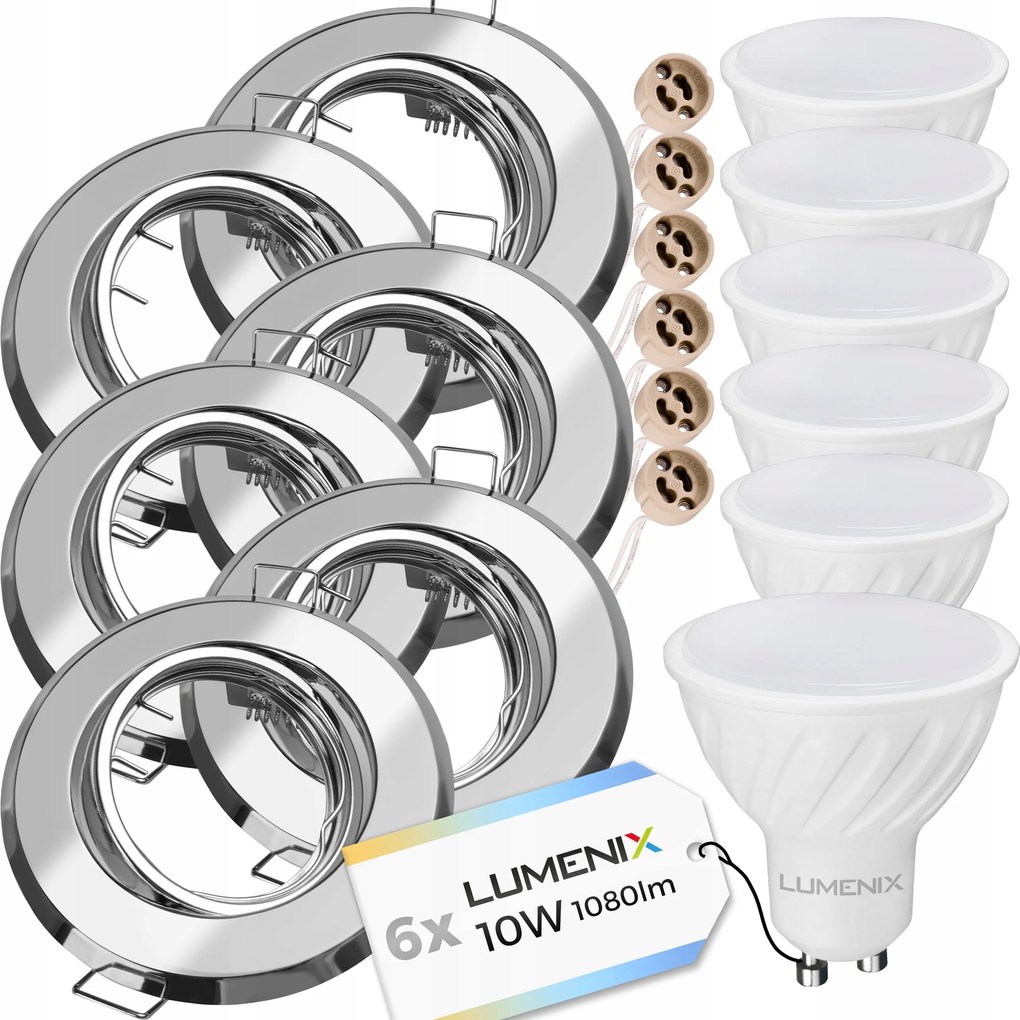 6x Szett GU10 10W Led izzó Mennyezeti lámpatest süllyesztett Króm Kerek