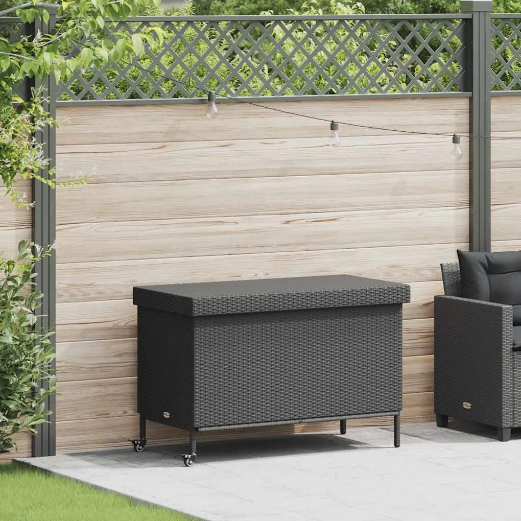 fekete polyrattan kerti tárolóláda kerekekkel 110x55x73 cm