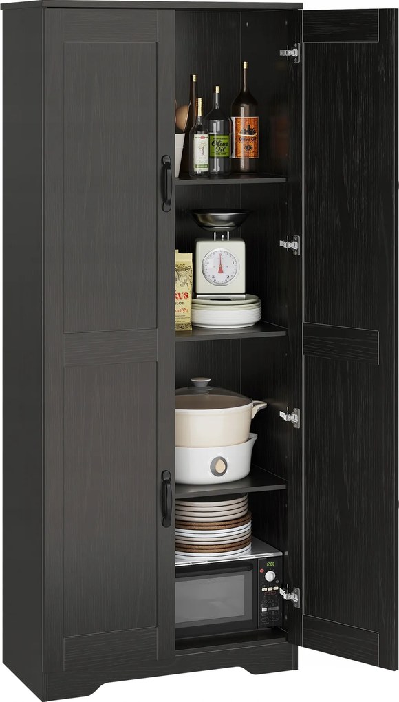 Tárolószekrény, Fürdőszobai fa szekrény, 3 állítható polc, 153 cm magas, Fekete