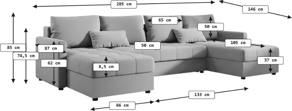 VENORIA U alakú kihúzható ülőgarnitúra, 285x146 cm, krémszínű + 2 párna INGYEN